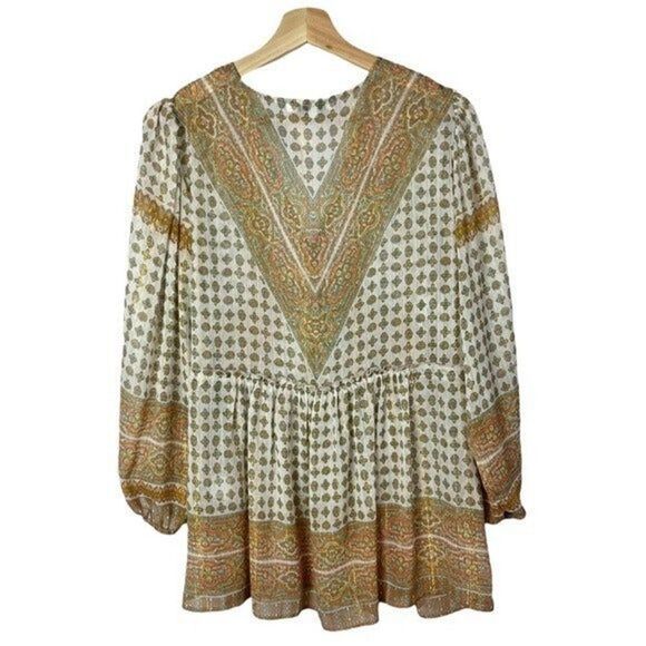 Boutique Rose + Olive Pink & Green Sheer Boho Peasant Long Sleeve Blouse M - Picture 2 of 5